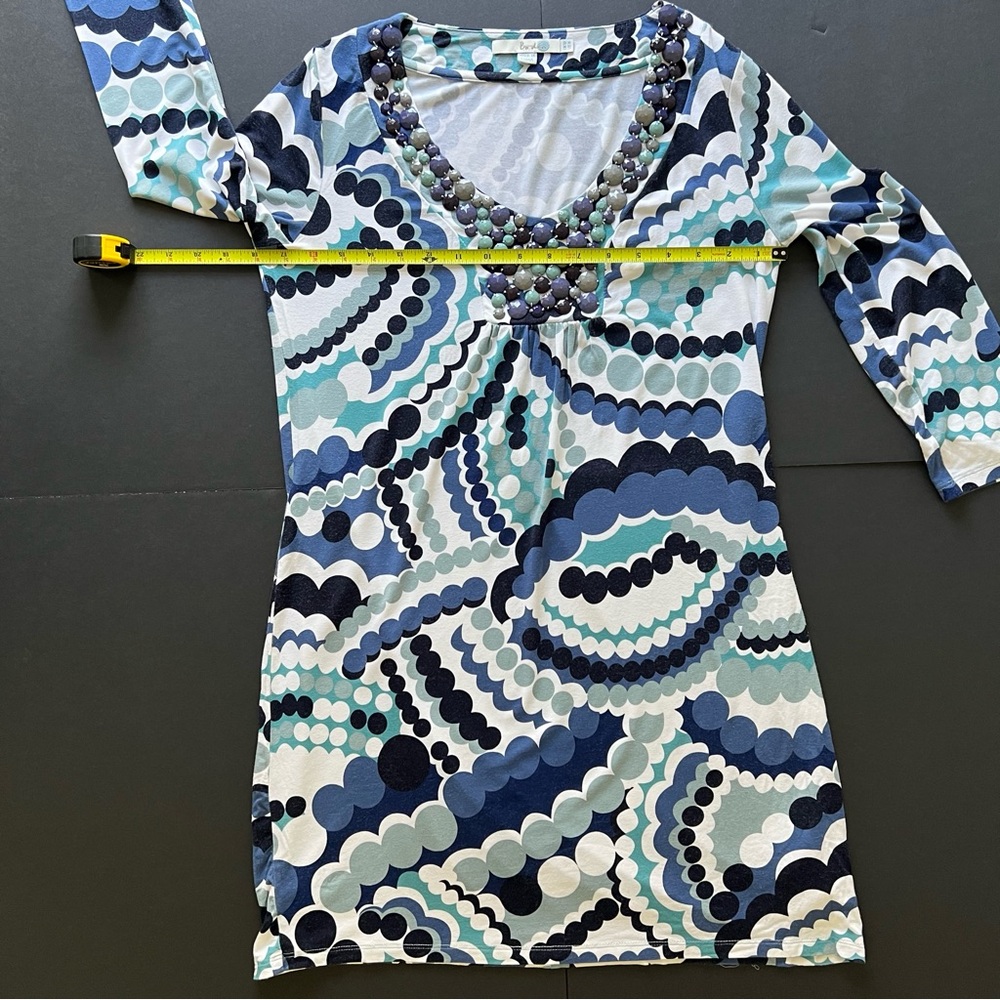 Boden Size US 8 Beaded V-Neck Dress Blue Teal Abstract Print Stretch Jersey - Picture 5 of 11